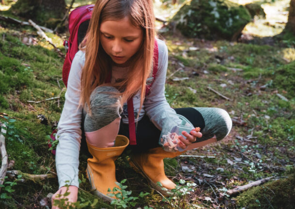 Jente plukker sopp i skogen